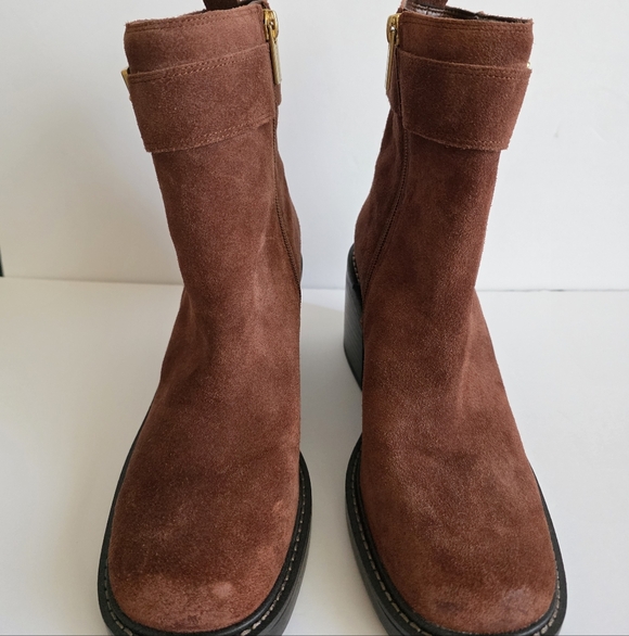 Vince Camuto Bembonie Suede Stacked Heel Bootie Buckle Ankle Boot | Sz 8, Brown - Picture 3 of 9